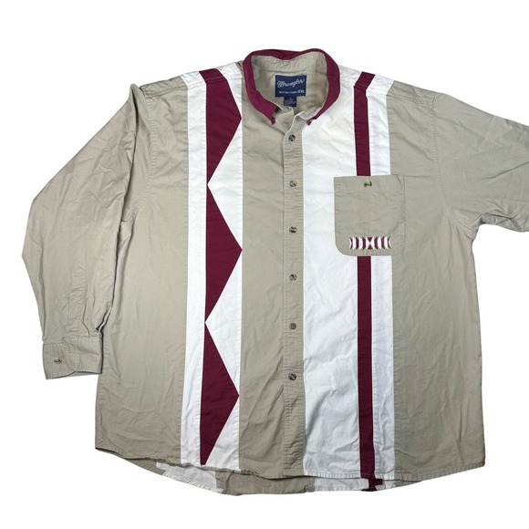 Wrangler Other - Wrangler Western Shirt XXL Mens Beige Maroon Geometric Colorblock Button Down 90